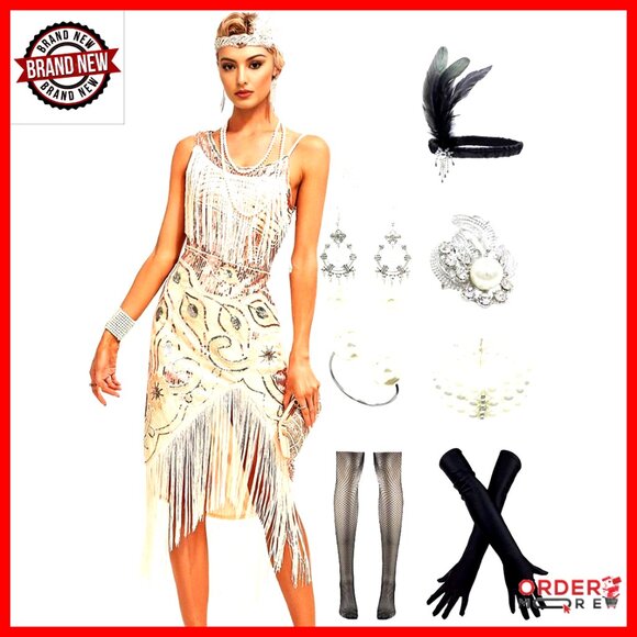 Dresses & Skirts - Vintage Beaded Flapper Sling Dress with Accessories Set for Cocktail Parties